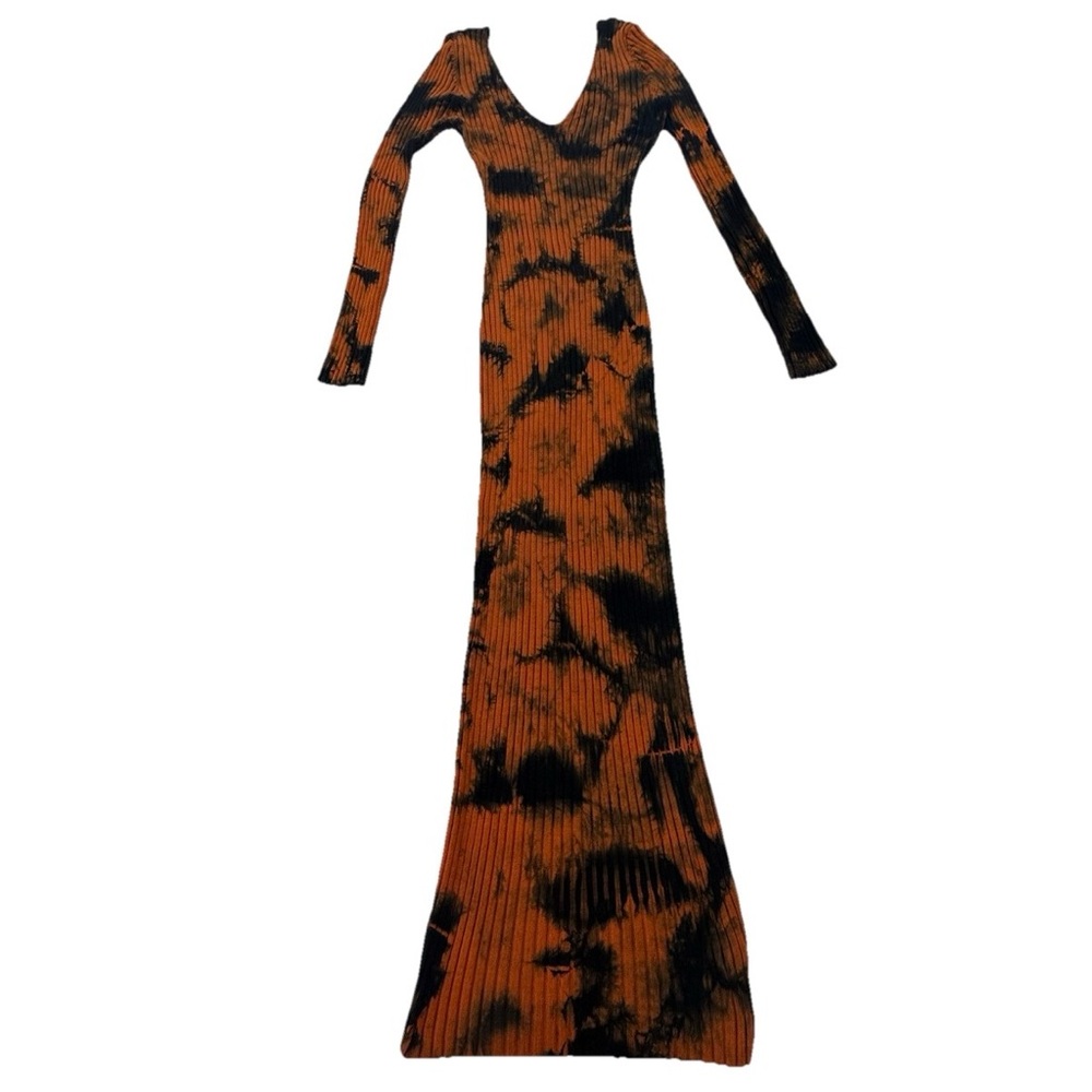 Ribbed Tie Dye Maxi Dress Orange Black Long Sleeve Bodycon Size Large